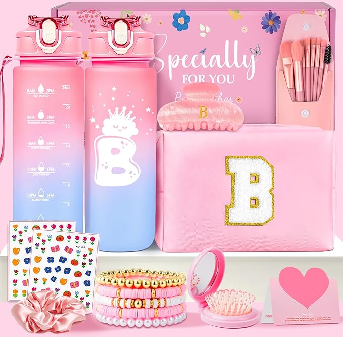 Initial Makeup Bag - Birthday Gifts for Girls 4 5 6 7 8 9 10 11 12 Year Old Teen Girls, Personalized Teen Girl Gifts - Preppy Cosmetic Bags Cute claw clips for Kids Women (Pink B)
