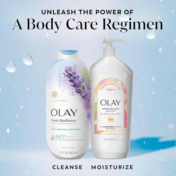 Olay Body Wash for Women, Fresh Radiance, 24/7 Skin-Loving Freshness, Visibly Radiant, Plant Based Cleansers, Vitamin B3 & Antioxidant Blend, For All Skin Types, Birch Water & Lavender Scent, 22 fl oz
