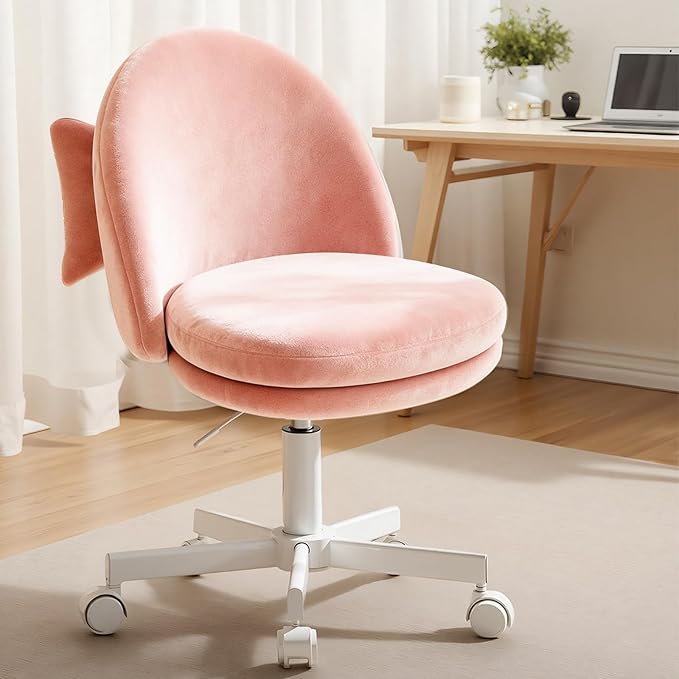 GTPLAYER Velvet Tall Office Chair with Wheels Vanity Chairs with Back, Versatile Height Use: Office to Bar Stools Small Ergonomic Comfy Armlees Computer Desk Chair with Bow Lumbar Pillow for Gift
