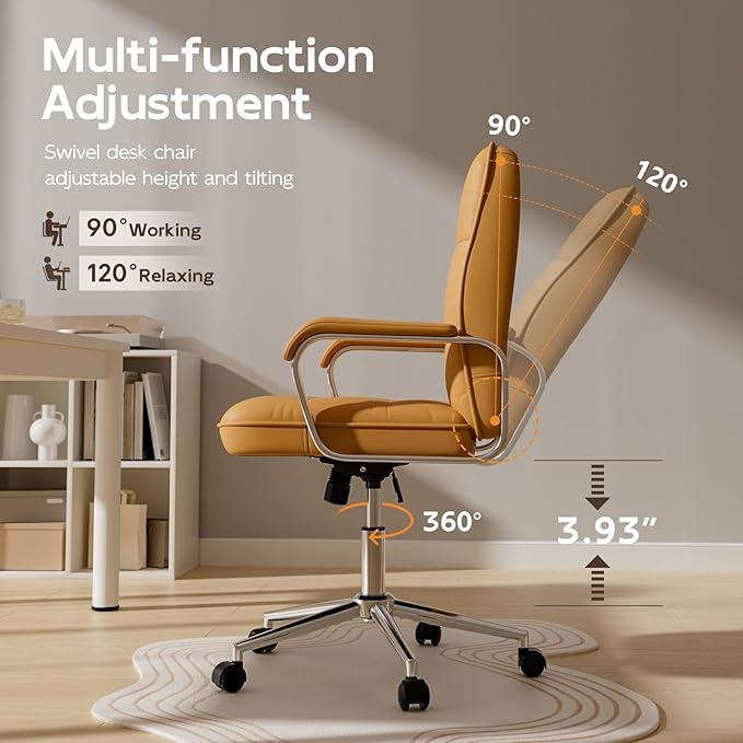 Brown Leather Office Desk Chair, Swivel Computer Home Office Desk Chair with Wheels and Padded Arms, Adjustable Height and Tilt