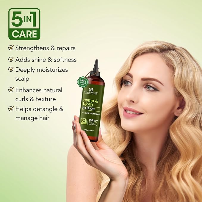 Botanic Hearth 100% Pure Hemp & Biotin Oil For Hair Growth & Hair Treatment Oils 6.7 Fl oz | Infused with coconut Oil | Hair Oil Repairs Dry Damaged Hair, Strengthening, Healthier | All Hair Types