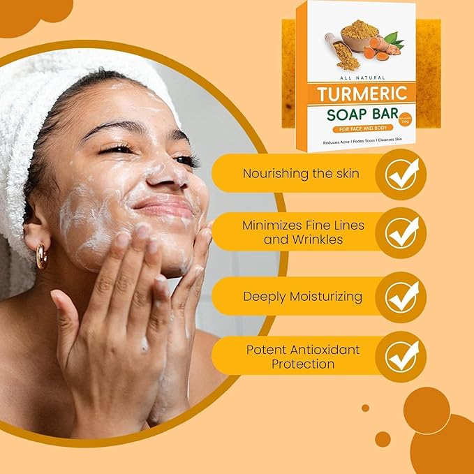 Natural turmeric soap, pure handmade turmeric soap for face and body, concealer to eliminate acne, pimples, and dark spots, moisturizer to erase fine lines, firming agent