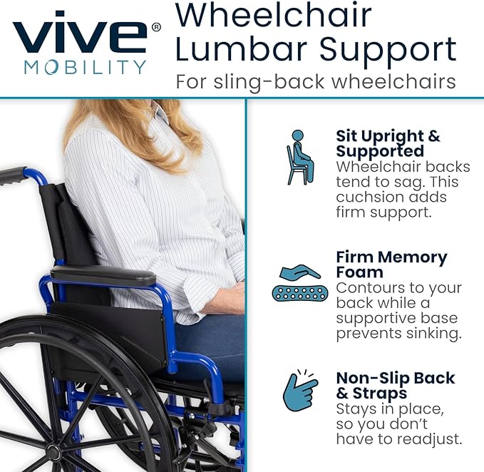 Vive Wheelchair Lumbar Support Cushion - Chair Pad for Back Pressure Relief - Memory Foam Backrest - Superior Comfort Curve -Fits Most Wheelchairs or Transport Chairs -Improves Posture (18"x17"x3")