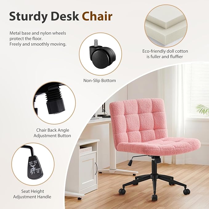 Furnimart Swivel Criss Cross Legged Chair with Wheels for Home Office, Wide Armless Desk Chair Height Adjustable Comfy Seat for Desk,Vanity, Bedroom, Faux Fur Pink