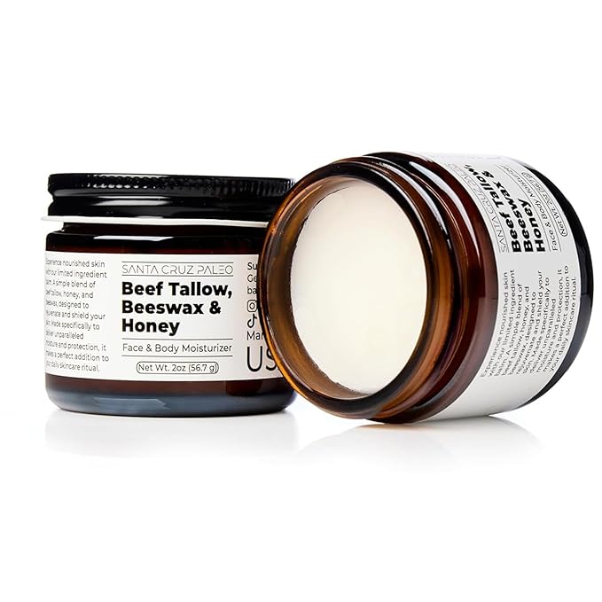 Santa Cruz Paleo, Beef Tallow, Beeswax & Honey Face Moisturizer, Organic, Unscented Grassfed Beef Tallow Skin Care, Sunscreen Free, Non Comedogenic Face & Body Moisturizer for Sensitive Skin, 2 Oz