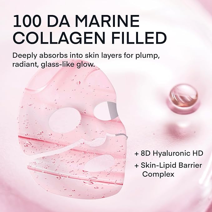 TEREZ & HONOR Korean Real Deep Bio Collagen Face Mask - 16 ea x 33g 100 Dalton Ultra Low Marine Collagen Overnight Hydrogel Masks for Glow Skin, Hydration, Pore, Elasticity, Firming, Unscented