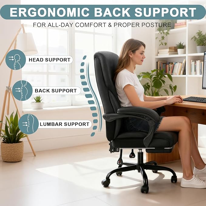 Executive Office Chair,High Back Ergonomic Comfy Desk Chair with Footrest and Padded Linkage Armrests,PU Leather Heavy Duty Computer Swivel Rolling Task Chair for Home Office,Adults,Black