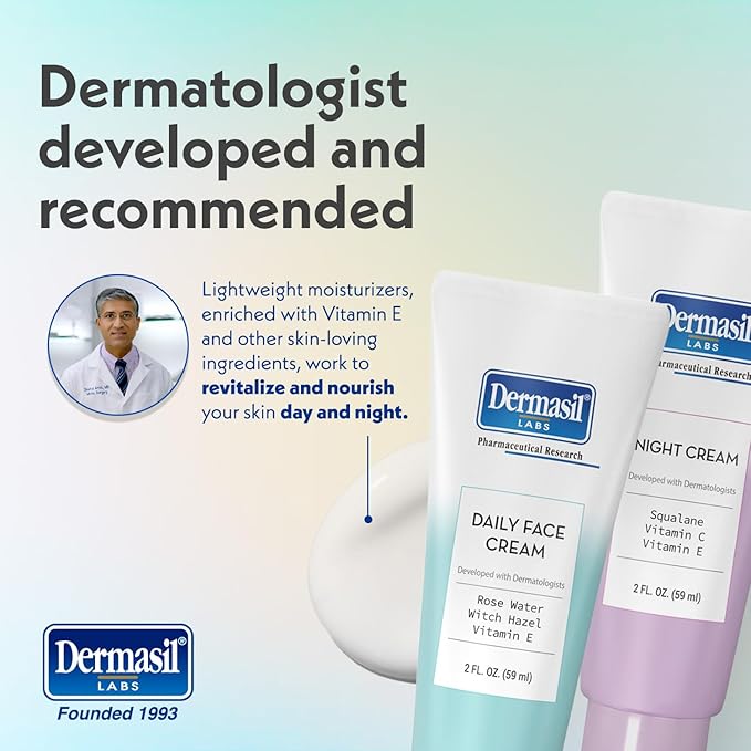 Dermasil Face Moisturizer Variety 2-Pack – Daily Face Cream with Witch Hazel and Rose Water + Night Cream with Vitamin C and Squalane, 2 Oz Ea