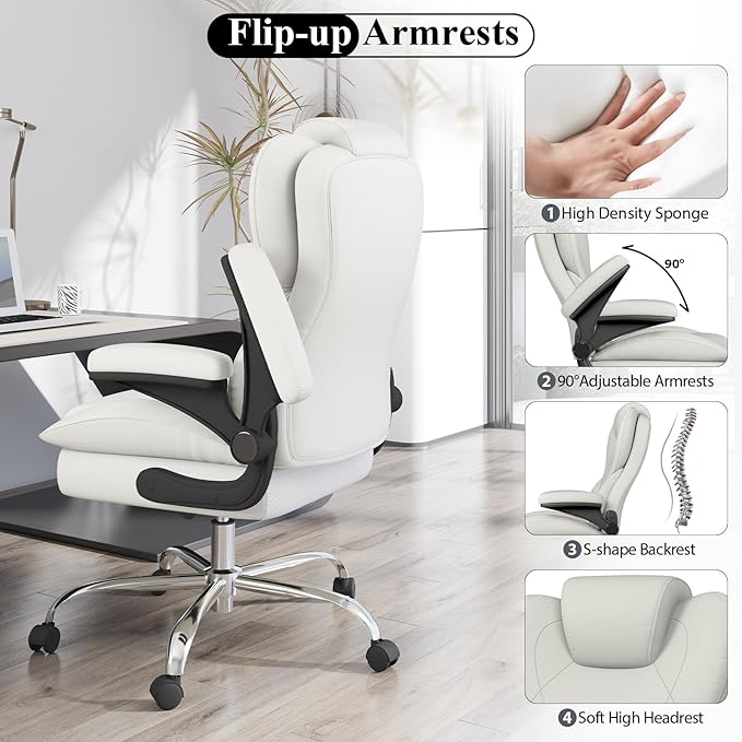 Office Desk Chair, Executive Leather Office Chair, High Back Ergonomic Home Desk Chair with Padded Flip-up Arms, Big and Tall Computer Chair with Rocking Function, 360°Swivel Free, White