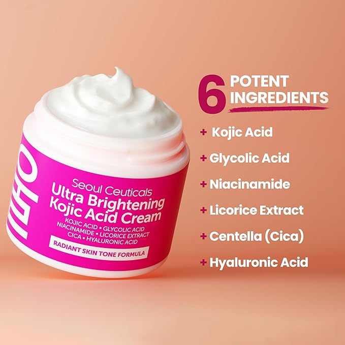 SeoulCeuticals Korean Kojic Acid Cream Dark Spot Remover + Glycolic Acid + Niacinamide + Cica + HA Moisturizer - Cruelty Free K Beauty Skincare 2oz (Pack of 2)