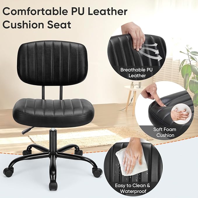 DUMOS Small Office Desk Chair - Armless PU Leather with Comfy Lumbar Support, Height Adjustable Rolling Swivel Task for No Arms, for Adult, Student, Bedroom, Home, Vanity, Black