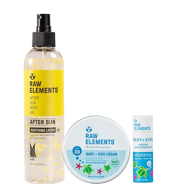 Raw Elements Baby & Kids Bundle - SPF 30 All Natural Sensitive Skin Sunscreen Stick and Tin, After Sun Body Gel, Sun Protection and Healing Combo