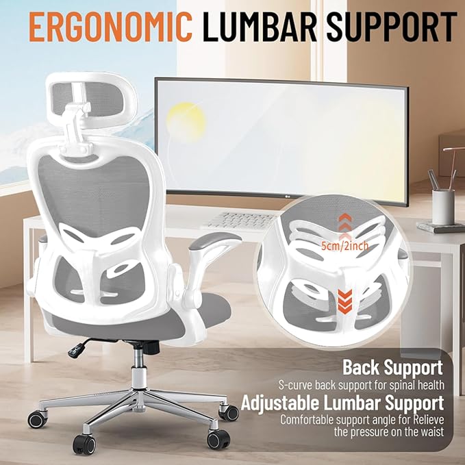 Office Chair, Ergonomic Breathable Mesh Chair,Flip-Up Arms and Adjustable High Back Lumbar Support,Comfy Computer Chair for Home Office (Grey, 407)