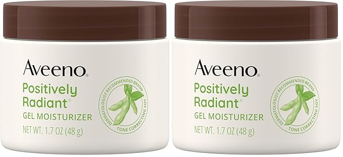 Aveeno Positively Radiant Daily Gel Facial Moisturizer with Hyaluronic Acid & Tone-Correcting Soy,Hydrating & Brightening Gel Face Cream Evens Skin Tone-& Texture,Hypoallergenic,1.7 oz,(Pack of 2)