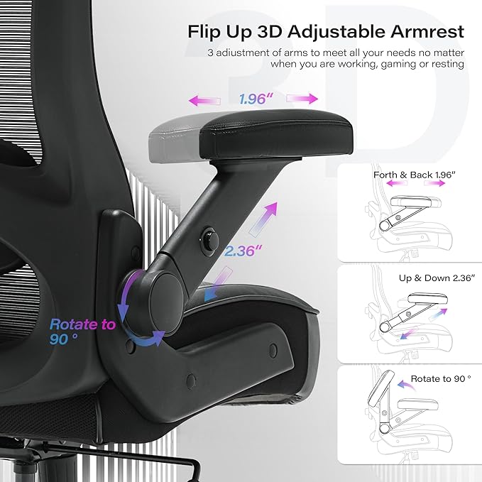 Big and Tall Office Chair 600lbs with 3D Flip Arms Adjustable Headrest - Heavy Duty Large Wheels Executive Computer Desk Chair, Ergonomic Lumbar Support Mesh High Back Plus Size Chair for Adults