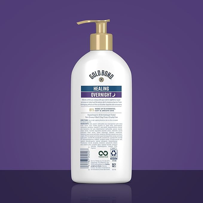 Gold Bond Healing Overnight Body & Face Lotion for Dry Skin, Nongreasy Moisturizer with Hyaluronic Acid, Aloe & Melatonin Works While You Sleep, 13 oz.