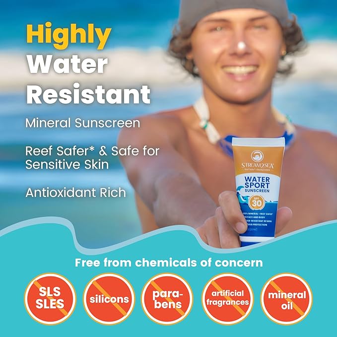STREAM 2 SEA 6 Pack Natural Travel Sized Toiletries, 1oz Paraben Free Sample Size Shampoo, Conditioner, Lotion, Mineral Sunscreen SPF 20 and SPF 30 and After Sun Gel