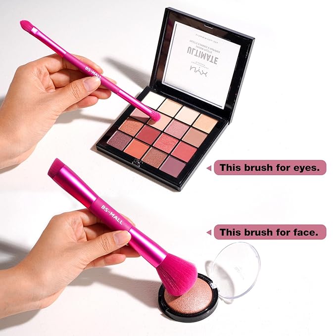 BS-MALL Double-ended Makeup Brush Set With Concealer Brush & Foundation Brush, Eyeshadow Brush- Travel-friendly Multi-purpose Brushes In Makeup Bag For Daily Use (10 PCS Hot Pink)