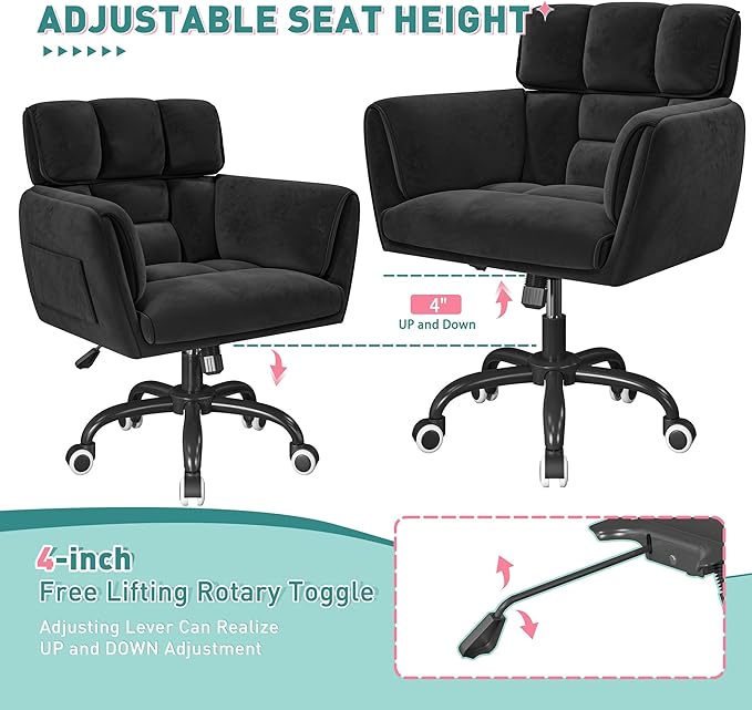 Home Office Chair with Wheels Soft-Touch Material,Modern Cute Vanity Chair with Back Adjustable Height Upholstered Comfy Desk Chairs with Side Pockets for Bedroom,Black