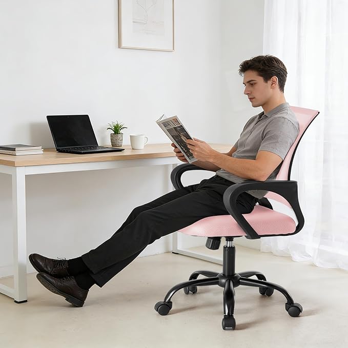 NEWBULIG Computer Desk Office Chair, Ergonomic Mid-Back Swivel Rolling Chair with Breathable Backrest and Lumbar Support Wheels, Pink Chair for Desk Home Height Adjustable, 2 Pack