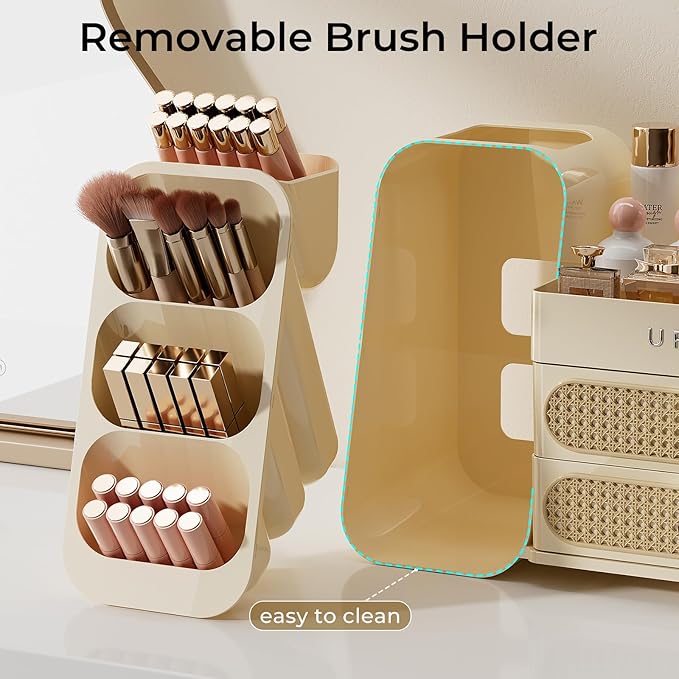 Makeup Organizer for Vanity with Brush Holder, Countertop Skincare Organizer with 2 Drawers, Spacious Cosmetic Display Case for Perfumes, Eyeshadow Palettes, Nail Polishes