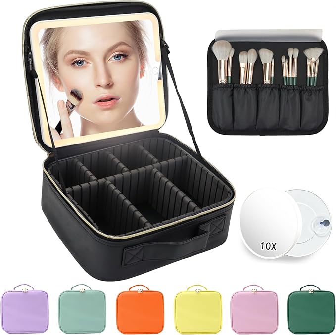 Makeup Bag with Mirror,with Mirror 3 Color Setting and Detachable 10x Magnifying Mirror Large Vanity Makeup Cases,Portable Storage and Adjustable Dividers, for Women and Makeup Artists-Black