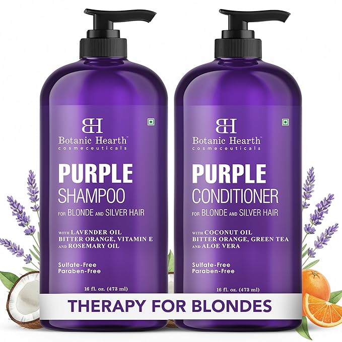 Botanic Hearth Purple Shampoo And Conditioner Set | For All Shades Of Blonde, Silver And Gray Hair | Enhances Highlights | Sulfate Free, Paraben Free, 16 Fl Oz Each