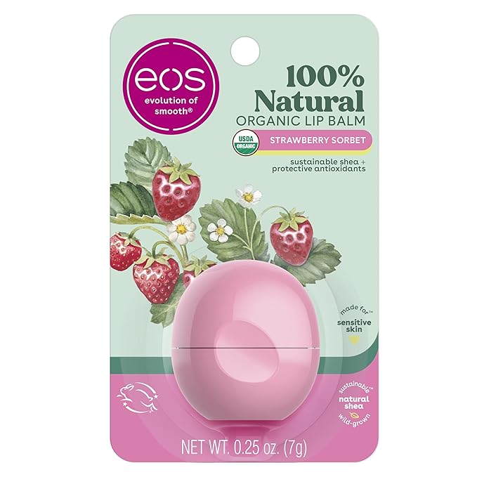 eos 100% Natural & Organic Lip Balm- Strawberry Sorbet, All-Day Moisture, Dermatologist Recommended for Sensitive Skin, Lip Care Products, 0.25 oz (Pack of 2)
