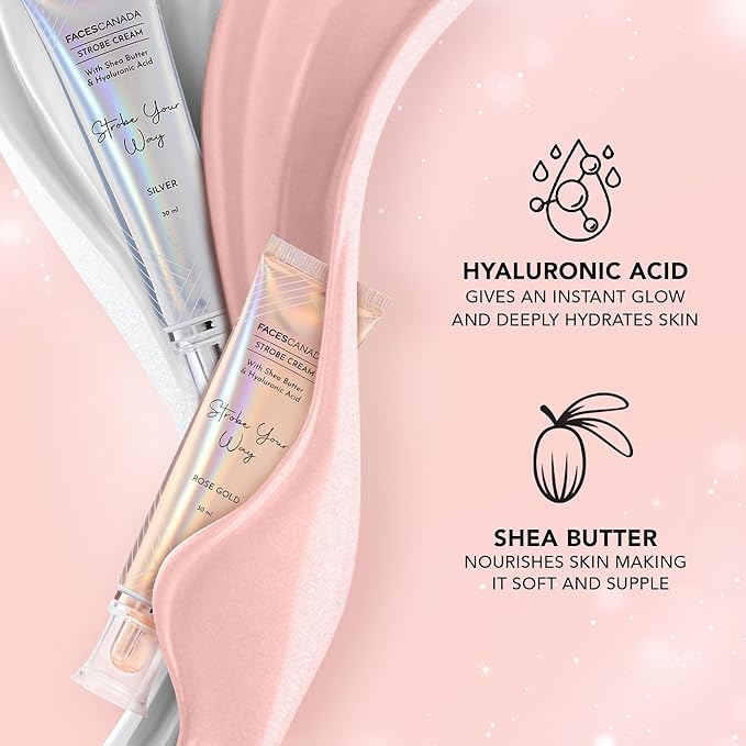 FACESCANADA Strobe Cream - Rose Gold | with Shea Butter & Hyaluronic Acid | Hydrating & Illuminating Makeup | for Radiant Dewy Skin | 1.01 Fl Oz (30ml)
