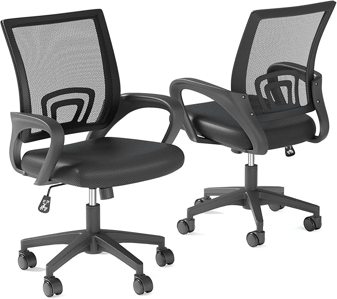 Home Office Chairs, Ergonomic Mid-Back Mesh Desk Chairs with Lumbar Support, Adjustable Swivel Rolling Design, Comfy Armrest for Work, Study, Gaming, Vanity, Black, 2 Pack