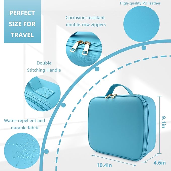Makeup Bag with Mirror,with Mirror 3 Color Setting and Detachable 10x Magnifying Mirror Large Vanity Makeup Cases,Portable Storage and Adjustable Dividers, for Women and Makeup Artists-Blue