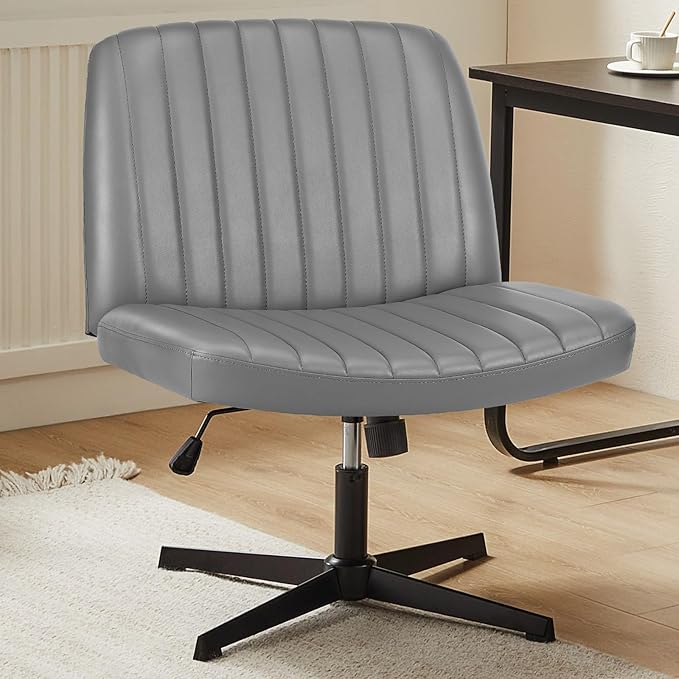 Sweetcrispy Criss Cross Chair Legged, Armless Office Wide Desk Chair No Wheels, PU Leather Swivel Vanity Height Adjustable Fabric Modern Computer Task Seating for Home - Grey