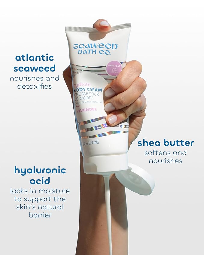 Seaweed Bath Co. Hydrate Body Cream - Lavender - Hydrating Scented Moisturizer for Body and Hands - With Vitamin E, Hyaluronic Acid and Shea Butter for Dry Skin - 6 oz