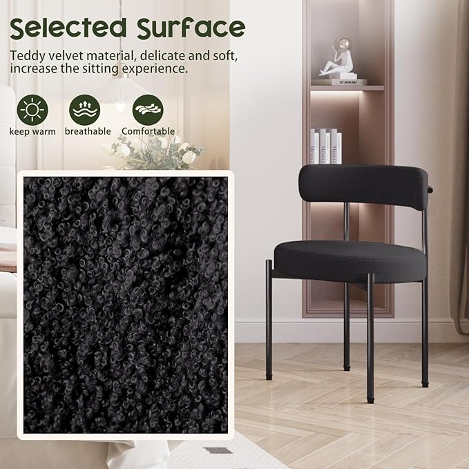 Boucle Dining Chairs Set of 4 Teddy Upholstered Dining Room Chairs Kitchen Chair with Metal Legs Mid Century Modern Chair for Dining Room, Kitchen (Black Frame+Black, 4)