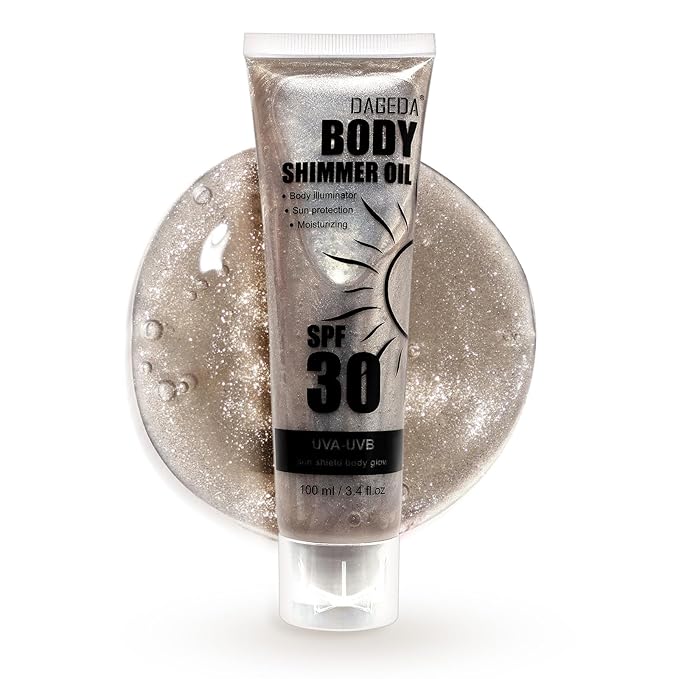 DAGEDA Body Glow Oil, SPF 30 Broad Spectrum Glitter Sunscreen, Lightweight, Non-sticky Sunscreen Body Shimmer, Sun Protection with Centella Asiatica Extract, UVA/UVB Protection, Bronze 3.4 fl.oz