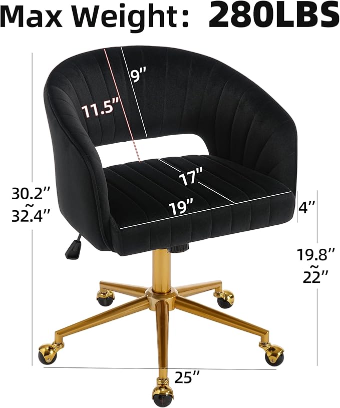 Westice Home Office Desk Chairs, Modern Velvet Rolling Chair, Height Adjustable Swivel Vanity Chair with Golden Base, Ergonomic Chair for Study, Living Bedroom Computer Room, Black