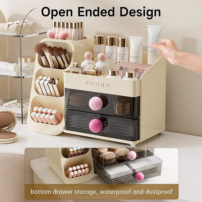 Makeup Organizer for Vanity with Brush Holder, Countertop Skincare Organizer with 2 Drawers, Spacious Cosmetic Display Case for Perfumes, Eyeshadow Palettes, Nail Polishes