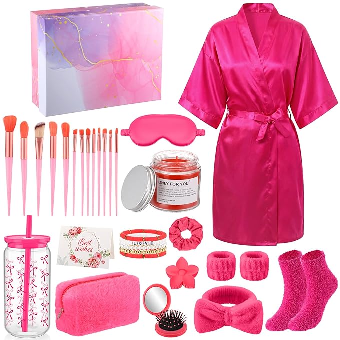 15 Pcs Birthday Gifts for Women Robe Sets for Women Spa Basket Set Graduation Gifts Bath Robe Make up Brushes Scented Candle Fluffy Socks Coffee Cup for Mom Nurse Girlfriend Wife(Rose Red)