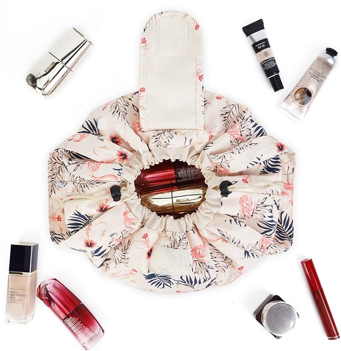 Narwey Barrel Drawstring Makeup Bag Large Floral Cosmetic Bag Make up Bags Toiletry Organizer for Women and Girls (Beige Flamingo) (Patent)
