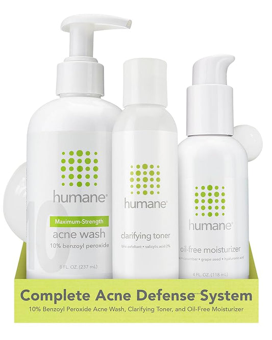 humane Maximum-Strength Acne Wash, Clarifying Toner, and Oil-Free Moisturizer Bundle - 10% Benzoyl Peroxide Acne Treatment
