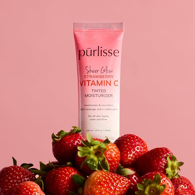 pūrlisse Sheer Glow Strawberry Vitamin C Tinted Moisturizer - Skin Tint Moisturizer Enriched with Antioxidants to Even Complexion - Dewy Light Coverage for All Skin Types - Deep (1.4 oz)