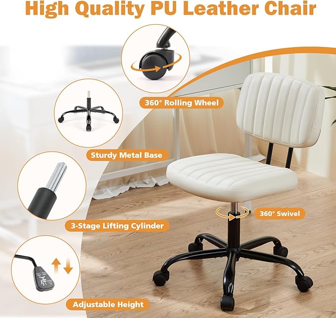 Sweetcrispy Small Office Computer Desk Chair with Wheels and Lumbar Support, Comfy Cute Armlees PU Leather Vanity Rolling Swuvel Task Chair No Arm for Adult, Student, Crame White