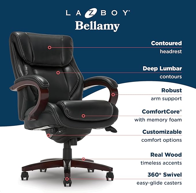 La-Z-Boy® Bellamy Executive Office Chair with Memory Foam Cushions, Real Wood Arms and Swivel Base, Waterfall Seat Edge, Faux Bonded Leather, Black