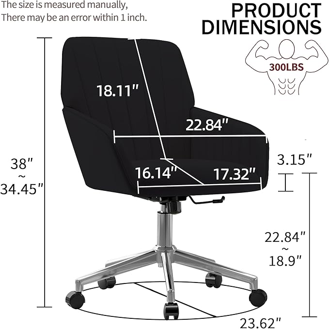 YISHENG Velvet Office Desk Chair with Silver Base, with Wheels,Modern Height Adjustable 360 Degree Swivel Upholstered Vanity Chairs with Arms for Living Room Bedroom,Black