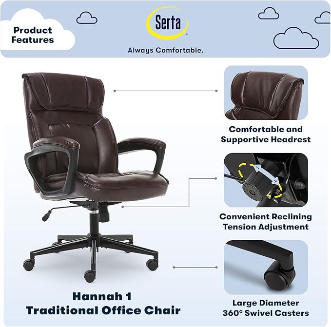 Serta® Hannah Executive Home Office Desk Chair, Ergonomic Mid-Back with Lumbar Support, Firm Seat Cushion, Layered Body Pillows, Padded Armrests, Swivel Base, Easy Assembly, Bonded Leather, Brown