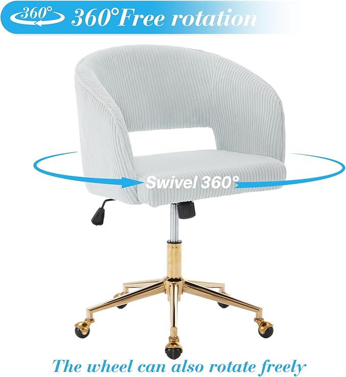 Home Office Chair Swivel Corduroy Fabric Desk Chair Accent Armchair Upholstered Tufted Chairs with Gold Base for Girls Women Ergonomic Study Seat Computer Task Stools for Living Room(Light Blue)