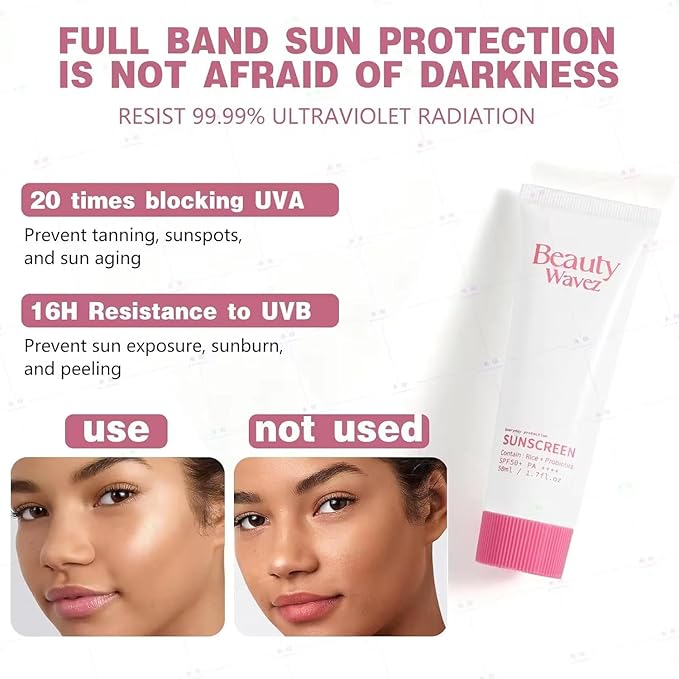 Beauty Wavez Organic Sunscreen SPF 50 - Broad Spectrum, Waterproof Sunscreen with Rice and Probiotics for All Skin Types - UVA/UVB Sun Protection Travel Size Sunscreen for Sports & Outdoor, 1.7 floz