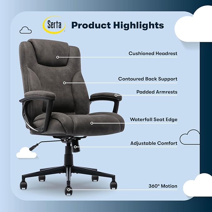 Serta Comfort Eco Office Chair, Ergonomic Mid-Back with Lumbar Support, Semi-Plush Seat Cushion and Layered Body Pillows, Padded Armrests, Metal Swivel Base, Soft Velvet Fabric, Brown