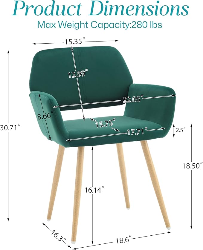 Home Office Velvet Desk Chair, Makeup Vanity Chair, Comfy Accent Armchair with Wood Grain Metal Legs, Cute Dining Chair with Hollowed Back, Dark Green