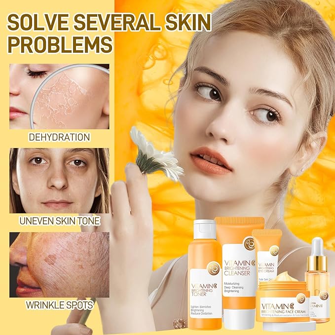 5Pcs Vitamin C Skincare Set, Skin Care for Kids, Skincare Gift Sets with Cleanser, Toner, Serum, Eye Cream, Facial Cream, Skin Care Set for Girls Ages 8-12, Travel Facial Kit for Girls